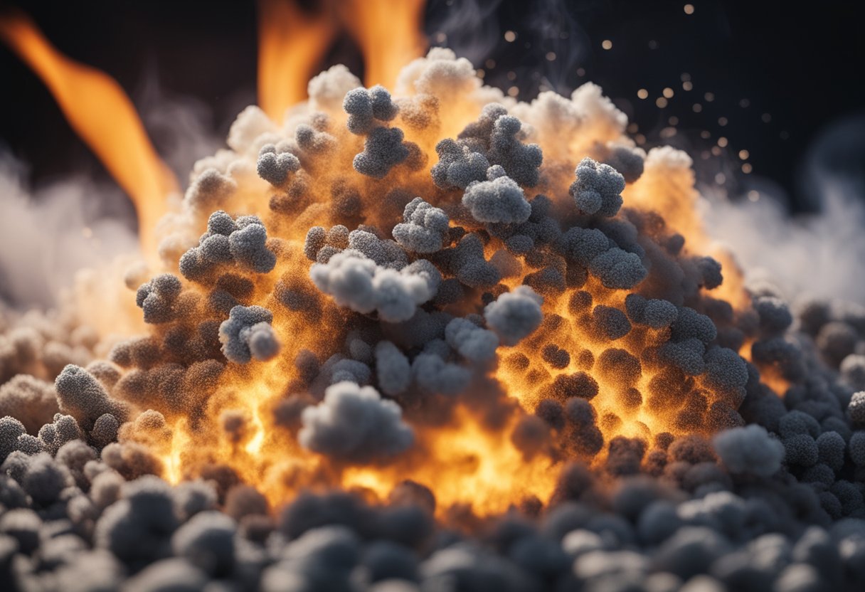 A pile of granular burning membrane, emitting flames and smoke