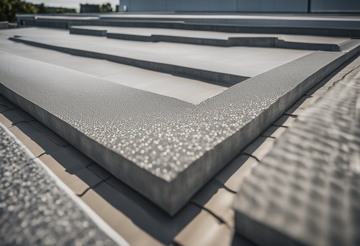 A concrete roof membrane being applied to a building structure