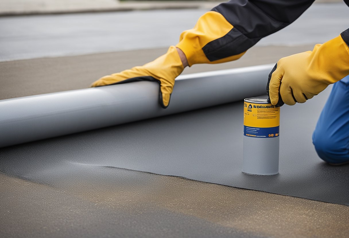 A roll of Sika waterproofing membrane being applied to a concrete surface with a roller, ensuring even coverage and adhesion