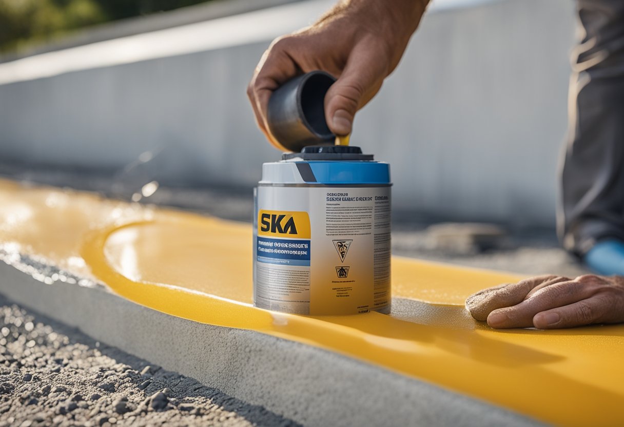 A roll of Sika waterproofing membrane being applied to a concrete surface with a trowel, creating a seamless and protective barrier