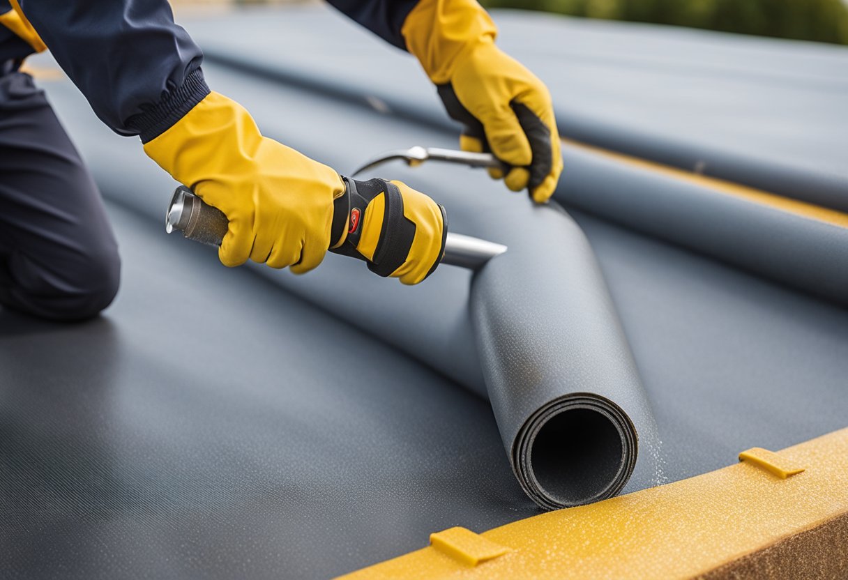 A roll of Sika waterproofing membrane being applied to a flat roof surface with a roller tool